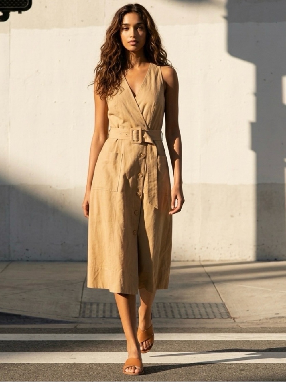 White House Black Market Sleeveless Belted Wrap Dress in Tan